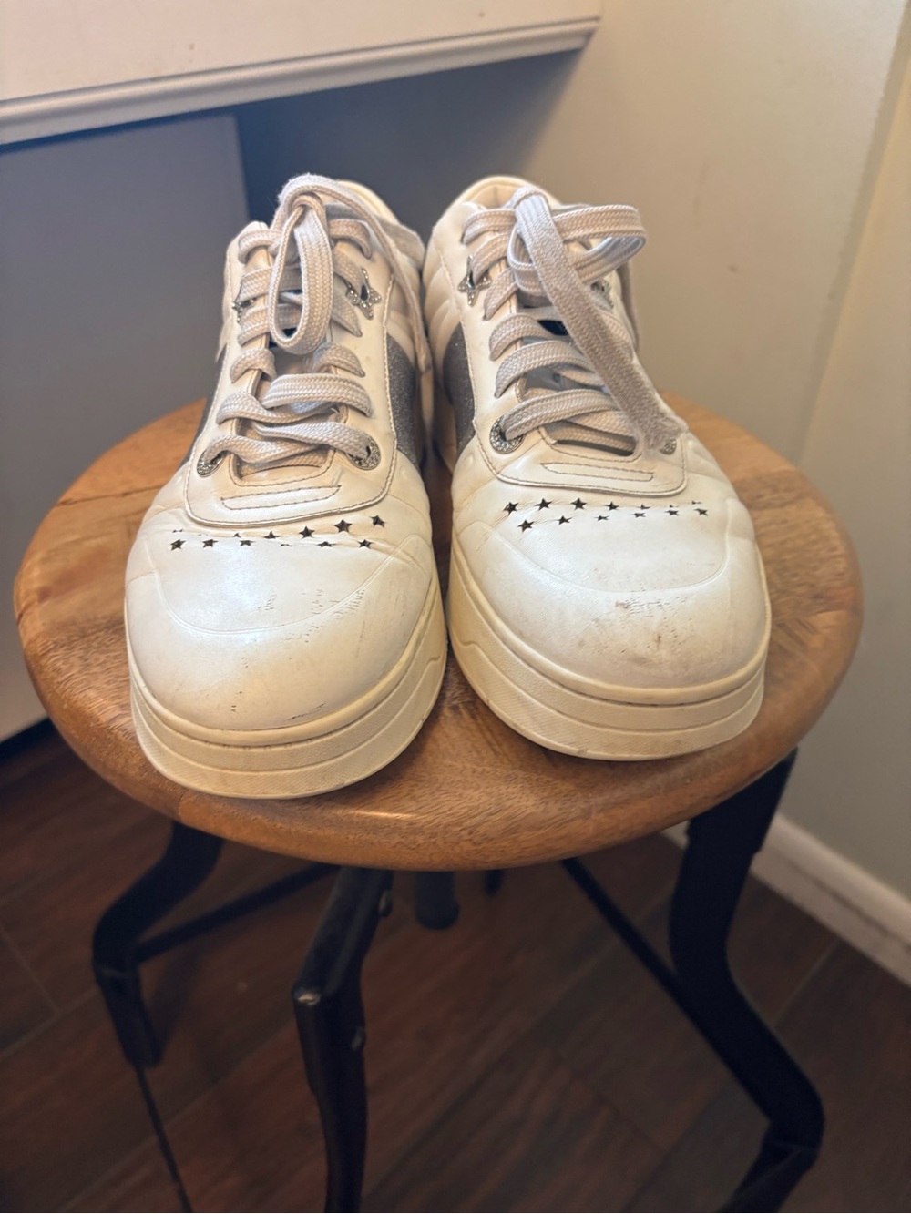 Jimmy Choo Hawaii sneakers white leather  silver glitter star Designer 40 $600 - Picture 6 of 11